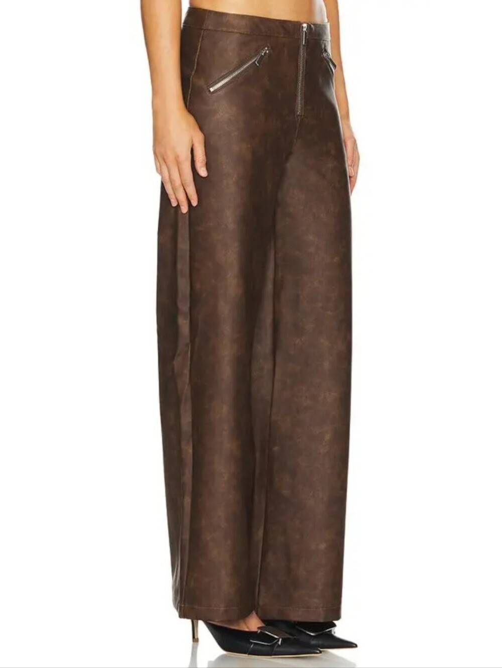 WeWoreWhat Faux Leather Wide Leg Zipper Fly Pant in Brown